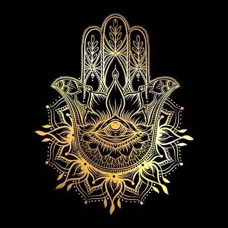 Ornate hand drawn hamsa. Popular Arabic and Jewish amulet in gold and black. Vector illustration.のイラスト素材