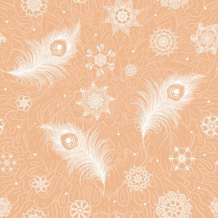 Peacock feathers in eastern ethnic style, mehendi, traditional indian white henna floral ornament. Seamless pattern, background. Vector illustration.のイラスト素材