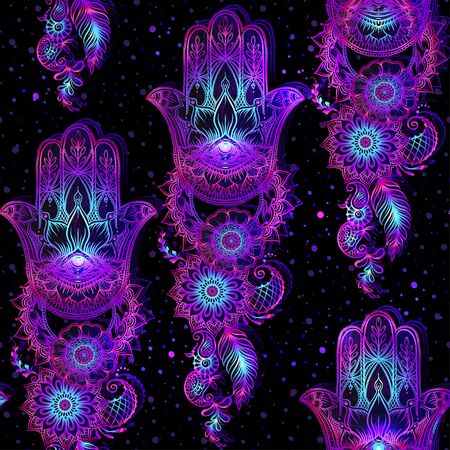 Seamless pattern with ornate hand drawn hamsa. Popular Arabic and Jewish amulet. Vector illustration. Vector illustration in neon, fluorescent colors.のイラスト素材