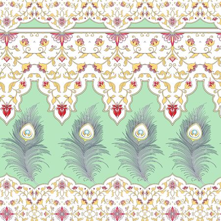 Peacock feathers Seamless pattern, background. Outline and colored vector illustration..のイラスト素材