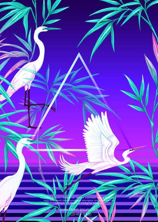 Retro Futurism. Vector futuristic synth wave illustration. Rave party Flyer design template, background with tropical plants in 1980s style. 80s Retro poster, retrowaveの写真素材