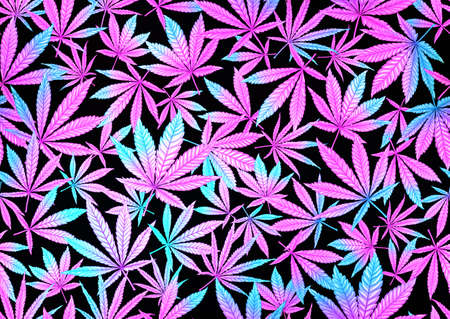 Cannabis leaves seamless pattern, background. Vector illustration in neon, fluorescent colors. Isolated on black background.の写真素材