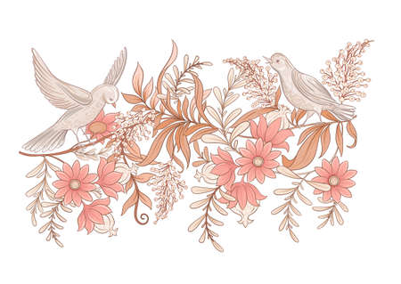 Fantasy flowers and birds in retro, vintage folk style pattern element in soft terracotta colors. Vector illustration.のイラスト素材