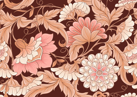 Fantasy flowers and birds in retro, vintage folk style seamless pattern in soft terracotta colors....