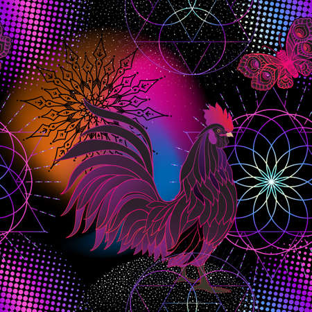 Seamless pattern with symbols of nocturne magic and mystical and sacred geometries in bright neon colors. Vector illustration.のイラスト素材