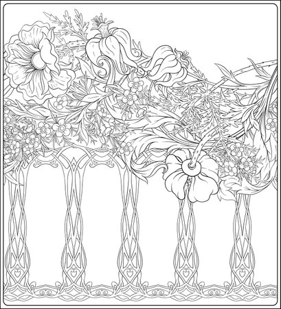 Floral Seamless pattern, background with In art nouveau style, vintage, old, retro style. Outline vector illustration. Coloring page for the adult coloring book. .のイラスト素材