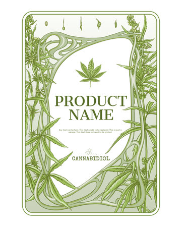Cannabis Template for product label, cosmetic packaging. Easy to edit. In art nouveau style, vintage, old, retro style. Isolated on white background..のイラスト素材
