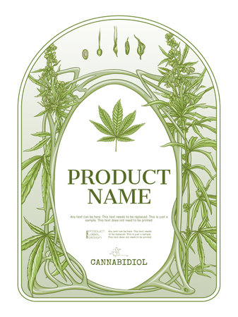 Cannabis Template for product label, cosmetic packaging. Easy to edit. In art nouveau style, vintage, old, retro style. Isolated on white background..のイラスト素材