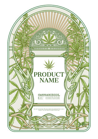 Cannabis Template for product label, cosmetic packaging. Easy to edit. In art nouveau style, vintage, old, retro style. Isolated on white background..のイラスト素材
