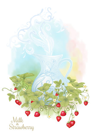 Jug of milk and strawberries. Clip art, elements for design. Graphic drawing, engraving style. Vector illustration.のイラスト素材