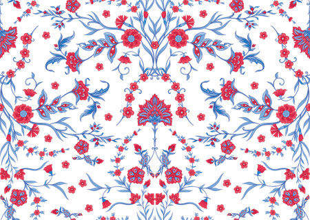 Traditional oriental, arabic pattern of blue and red flowers isolated on white background. Vector illustration.の写真素材