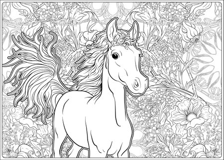 Horse and Flowers. Outline vector illustration. Coloring page for the adult coloring book.のイラスト素材