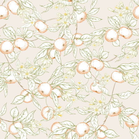 Mandarin, tangerine tree branch with fruits, flowers and leaves. Seamless pattern, background....