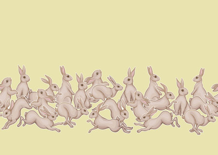 Seamless pattern, background with cute rabbits, hares. Colored vector illustration.のイラスト素材