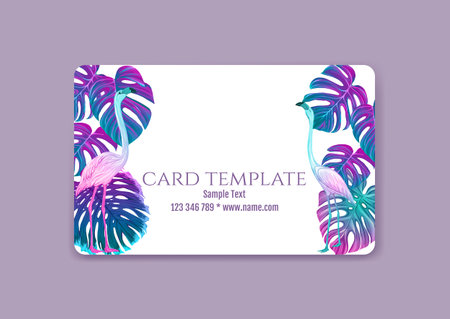 Plastic debit or credit, pass, discount, membership card template with tropical plants and birds in neon color on white background. Vector illustration.のイラスト素材
