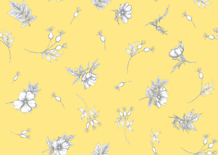 Rose hips with flowers and berries seamless pattern. Graphic drawing, engraving style. Vector illustration in Illuminating yellow and ultimate grey colorのイラスト素材