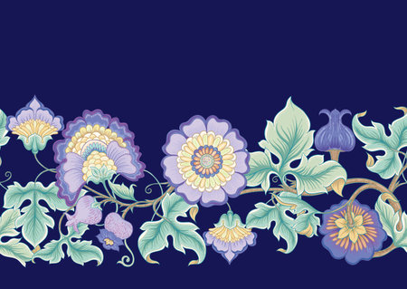 Fantasy flowers in retro, vintage, jacobean embroidery style. Seamless pattern, background. Vector illustration. Isolated on white background.のイラスト素材