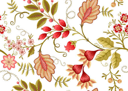 Seamless pattern with stylized ornamental flowers in retro, vintage style. Jacobin embroidery. Colored vector illustration isolated on white background.のイラスト素材