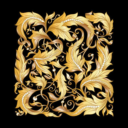 Decorative elements In baroque, rococo, victorian, renaissance style. Trendy frolar vintage pattern in gold and black. Vector illustration..のイラスト素材