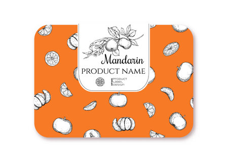 Mandarin. Ripe citrus. Template for product label, cosmetic packaging. Easy to edit. Graphic drawing, engraving style. Vector illustration.のイラスト素材