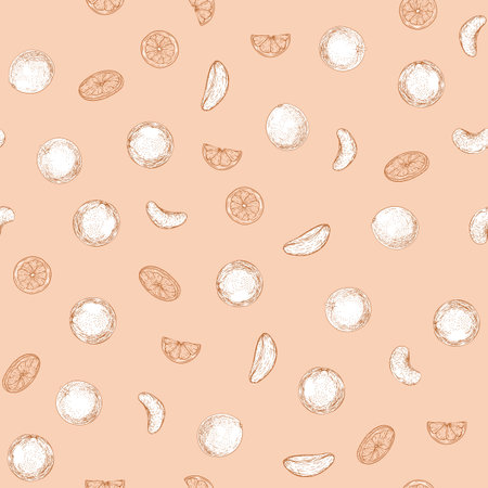 Orange tree branch with fruits, flowers and leaves. Seamless pattern, background. Graphic drawing,...