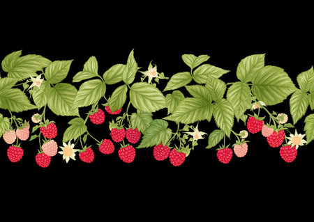 Raspberry. Ripe berries on branch. Seamless pattern, background. Graphic drawing, engraving style....