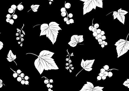 Black currant. Ripe berries. Seamless pattern, background. Vector illustration. In botanical style in black and white graphicのイラスト素材