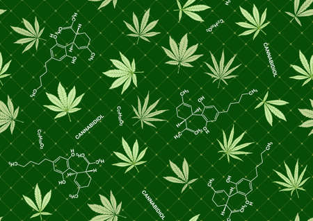 Cannabis leaves and cbd, cannabidiol formula seamless pattern, background. Vector illustration in green colors on green background.のイラスト素材