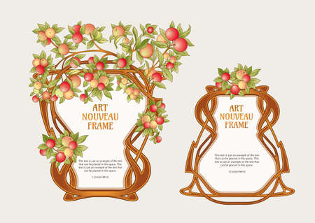 Apples on branches Template for product label, cosmetic packaging. Easy to edit. Vector illustration. In art nouveau style, vintage, old, retro style.のイラスト素材