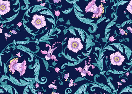 Seamless pattern, background. Colored vector illustration. In baroque, rococo, victorian, renaissance style. In decorative style. Ethnic patterned ornate hand drawn.のイラスト素材