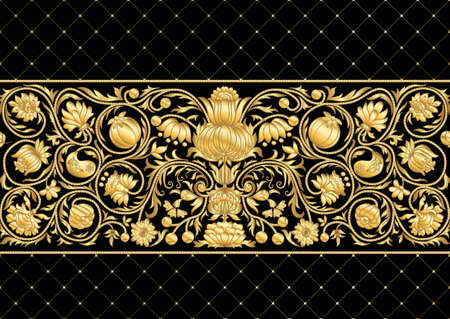 Fantasy flowers in retro, vintage, embroidery style. Seamless pattern, background. In gold and black.のイラスト素材