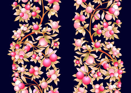 Apples on branches Seamless pattern, background. Vector illustration. In botanical style on navy blue backgroundのイラスト素材