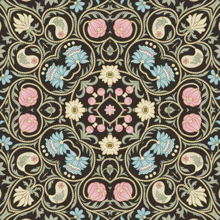 Fantasy flowers in retro, vintage, embroidery style. Seamless pattern, background. Colored vector...
