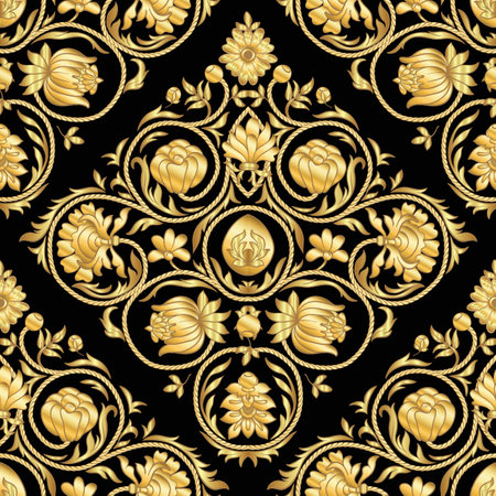 Fantasy flowers in retro, vintage, embroidery style. Seamless pattern, background. In gold and black.のイラスト素材