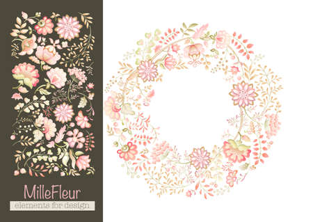 A lot of different fantasy flowers. Millefleurs trendy floral design. Blooming midsummer meadow Clip art, set of elements for design Vector illustration. Gradients colorsのイラスト素材