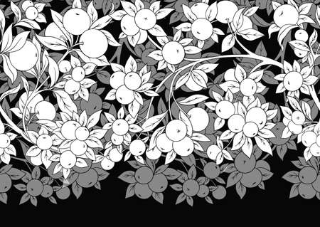 Apples on branches Seamless pattern, background. Black and white graphics. Vector illustration.のイラスト素材