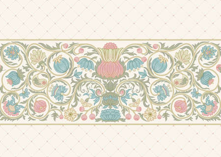 Fantasy flowers in retro, vintage, embroidery style. Seamless pattern, background. Colored vector illustration.のイラスト素材