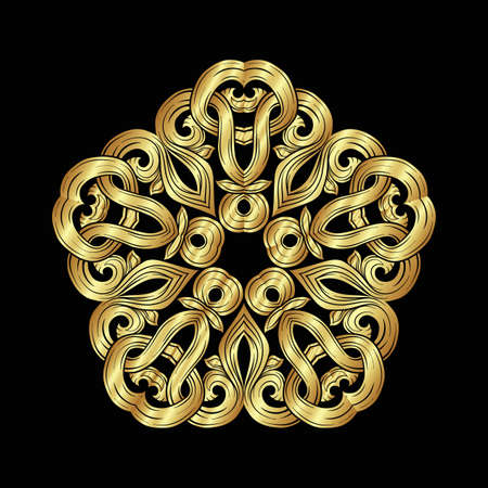 Interlacing circular abstract ornament in the medieval, romanesque style. Mandala. Element for design. hand drawing vector illustration in gold and black.のイラスト素材