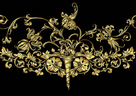 Classical luxury old fashioned royal baroque, historical ornament with lilies, victorian floral. Seamless pattern, background. Vector illustration in black and whiteのイラスト素材