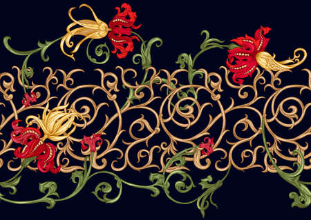 Classical luxury old fashioned royal baroque, historical ornament with lilies, victorian floral Seamless pattern, background. Vector illustration.のイラスト素材