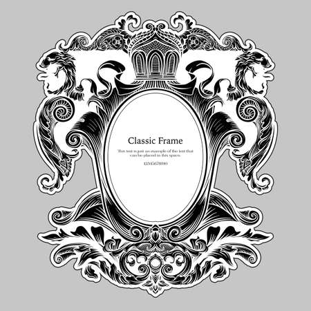 Baroque frame decor. Detailed rich ornament graphic line art. Vector illustration in black and whiteのイラスト素材