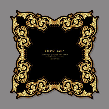 Baroque frame decor. Detailed rich ornament graphic line art. Vector illustration in gold and blackのイラスト素材