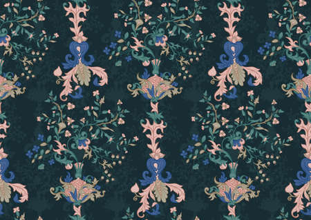 Floral vintage seamless pattern. Medieval illuminati manuscript inspiration. Design for wrapping paper, wallpaper, fabrics and fashion clothes. Vector illustration.のイラスト素材