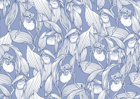 Ladys slipper orchid. Cypripedioideae. Seamless pattern, background. Vector illustration. In botanical style.のイラスト素材
