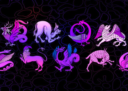 Medieval mythical animals, illuminati manuscript inspiration, romanesque style. Seamless pattern, background. Vector illustration.の写真素材