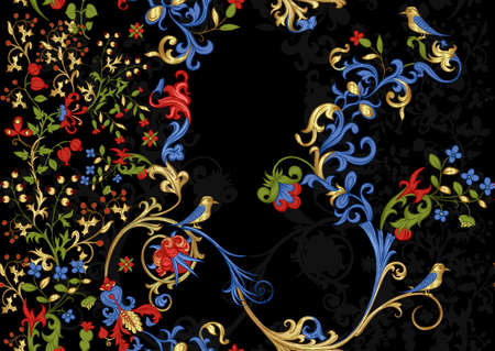 Floral vintage seamless pattern. Medieval illuminati manuscript inspiration. Design for wrapping paper, wallpaper, fabrics and fashion clothes. Vector illustration.のイラスト素材