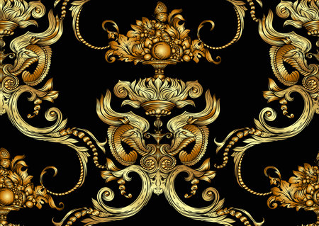 Seamless pattern, background In baroque, rococo, victorian, renaissance style. Trendy frolar vintage pattern. In gold and black vector illustrationのイラスト素材