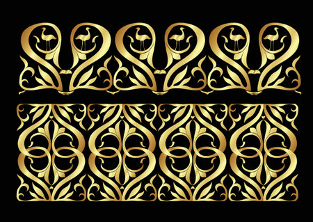 Interlacing abstract ornament in the medieval, romanesque style. Element for design. In gold and...