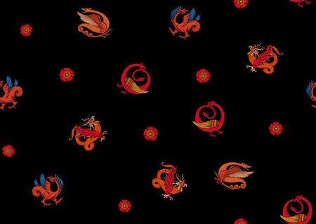 Medieval mythical animals, illuminati manuscript inspiration, romanesque style. Seamless pattern, background. Vector illustration.のイラスト素材