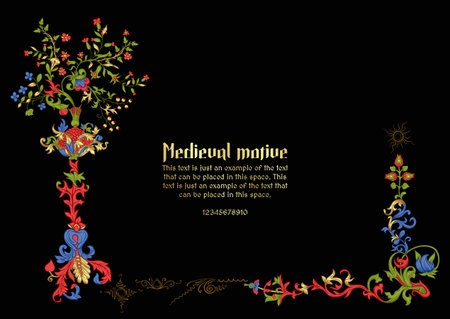 Floral vintage Medieval illuminati manuscript inspiration. Romanesque style. Template for greeting card, banner, gift voucher, label. Vector illustrationのイラスト素材